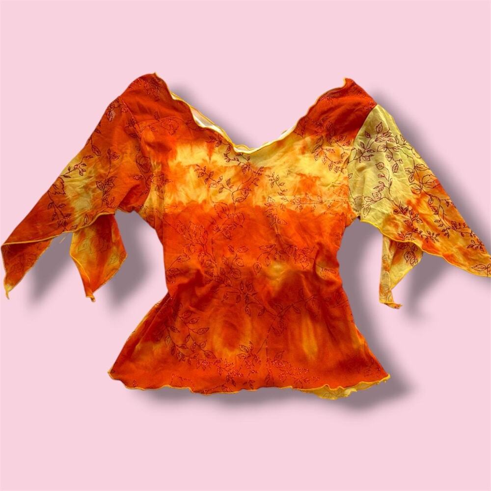 Y2K euro Orsay Orange & yellow tie-dye blouse with sparkles and fairy sleeves